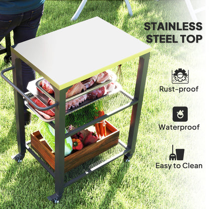 Three-Shelf Outdoor Grill Cart with Stainless Steel Top, Outdoor Kitchen Island with 4 Wheels, 3 Hooks