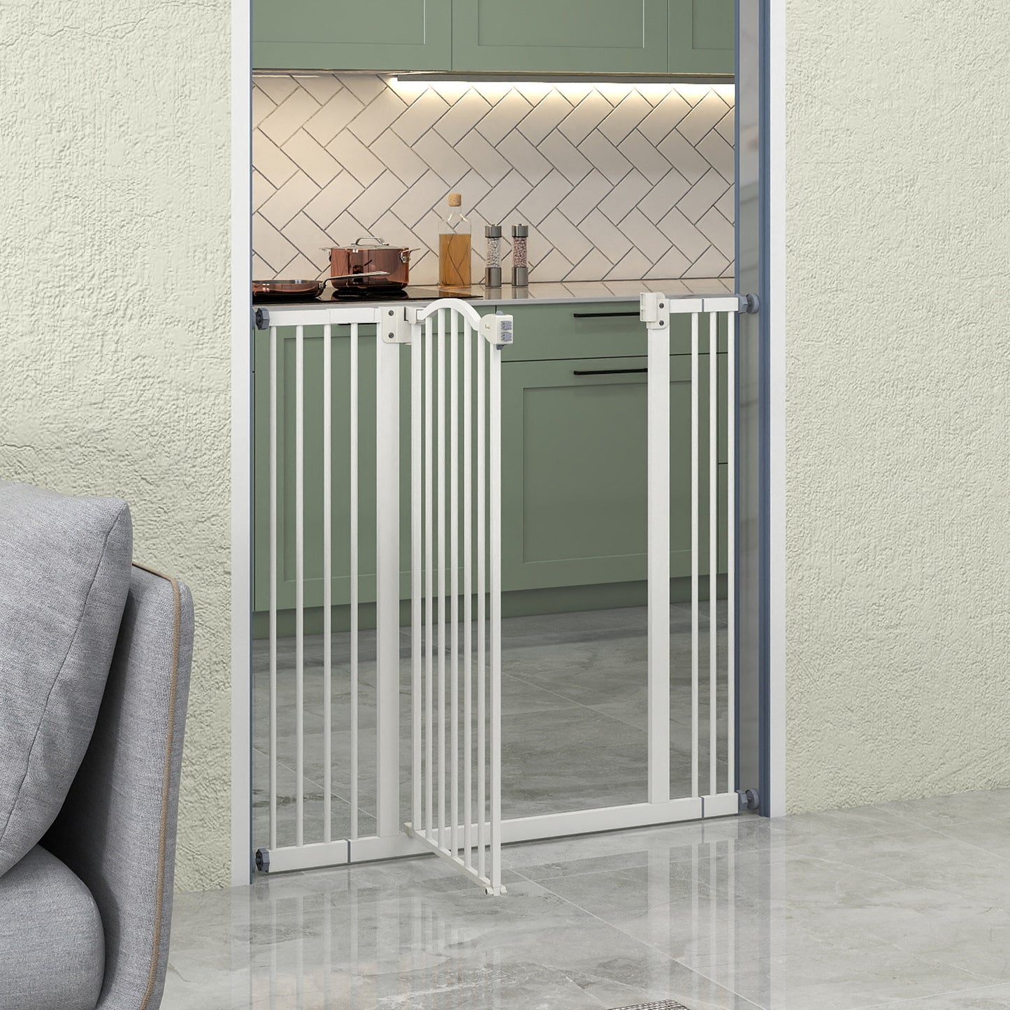 Pressure Fit Dog Stair Gate No Drilling Safety Gate Auto Close for Doorways, Hallways, 74-100cm Adjustable, 94cm Tall, White