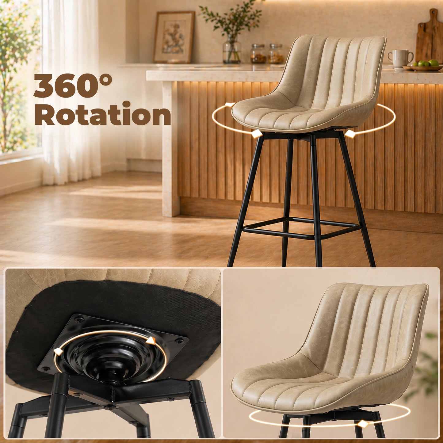 Set of 2 PU Leather Swivel Bar Stools - Light Brown