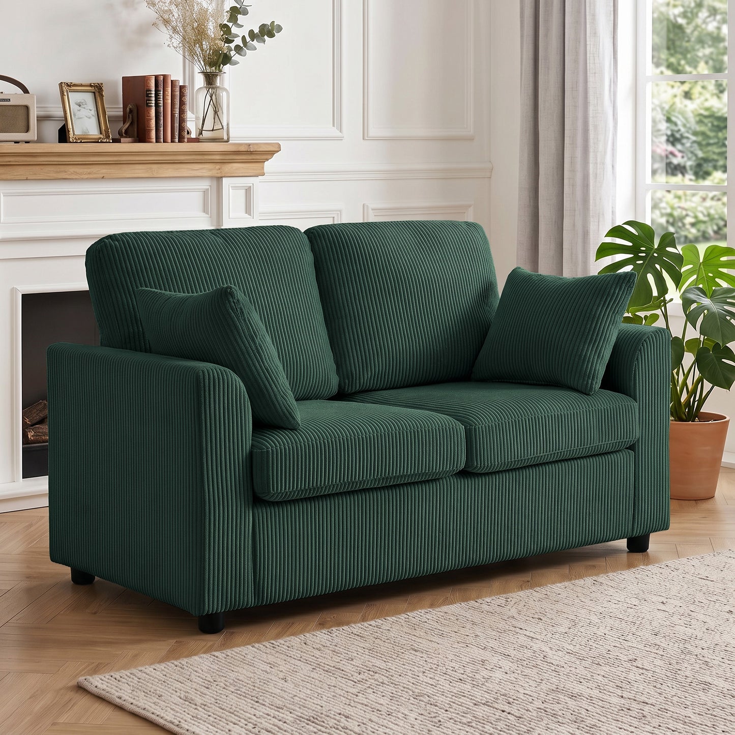 2 Seater Sofa, Corduroy Small Couch with Spring Cushion, Wide and Deep Seat, Dark Green
