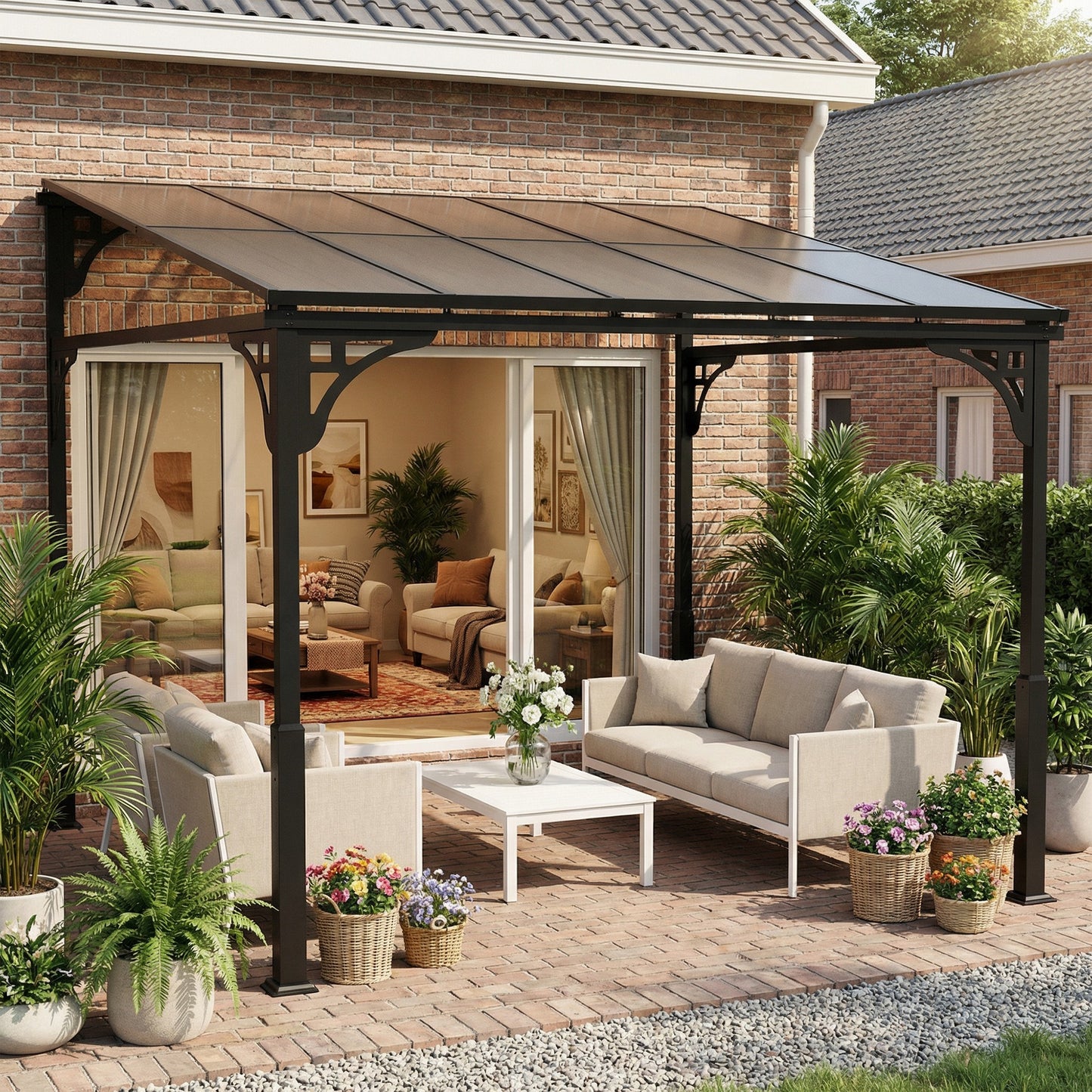 3 x 2.87 m Metal Lean-to Pergola, Wall-Mounted Hardtop Garden Pergola with Polycarbonate Roof and Metal-Aluminium Frame