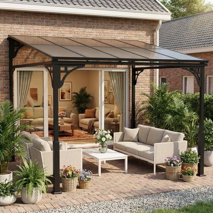 3 x 2.87 m Metal Lean-to Pergola, Wall-Mounted Hardtop Garden Pergola with Polycarbonate Roof and Metal-Aluminium Frame