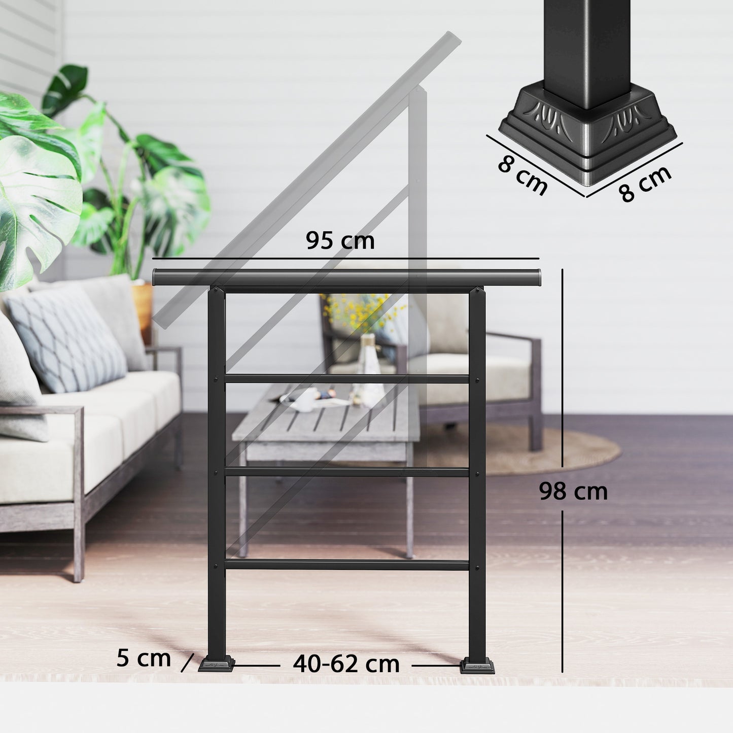 Outdoor Handrail for Stairs, 0°-45° Adjustable Wrought Iron Exterior Handrail, Fit 1 to 3 Steps Stair Railing