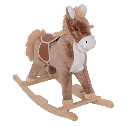 Kids Children Plush Rocking Horse Wooden Base Ride On Toy Rocker with Handle Grip Traditional Toy Fun Gift for Age 3+ (Brown