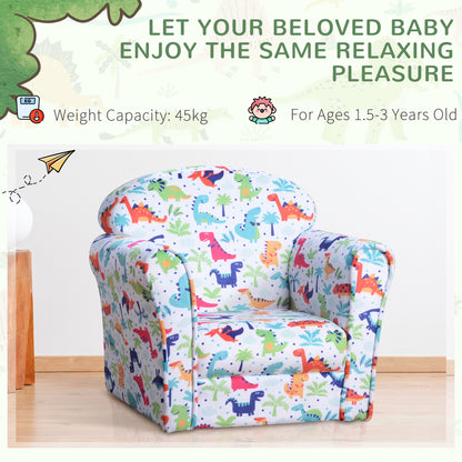 Children's Armchair Flannel Kids Sofa Tub Chair Cartoon Dinosaur Pattern Wooden Frame Bedroom Playroom Seater Multicolour