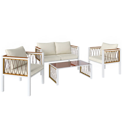 4 Piece Rattan Garden Furniture Set with Loveseat, 2 Armchairs, Cream White