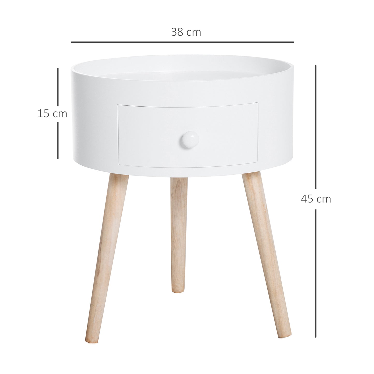 Modern Side Table, Small Coffee Table, Round Bedside Table with Drawer and Wood Legs for Living Room, Bedroom, White