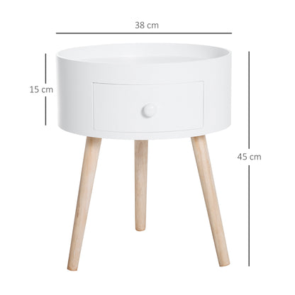 Modern Side Table, Small Coffee Table, Round Bedside Table with Drawer and Wood Legs for Living Room, Bedroom, White