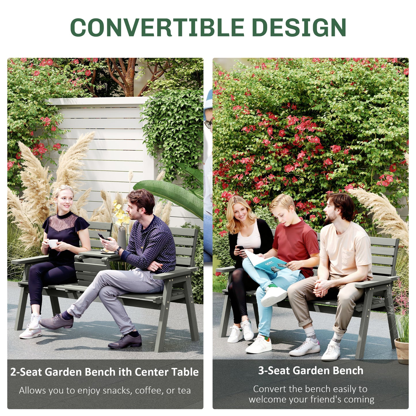 Fir Wood Convertible 2 to 3 Seater Outdoor Garden Bench Grey