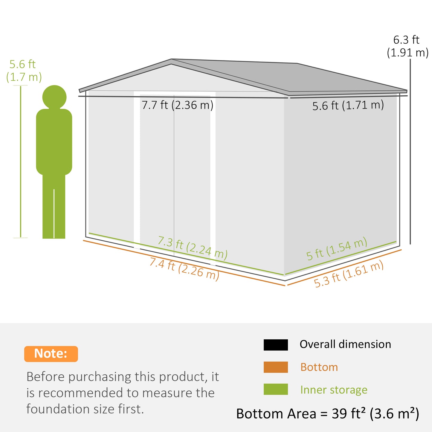 8 x 6ft Galvanised Steel Shed, with Double Door - Light Grey