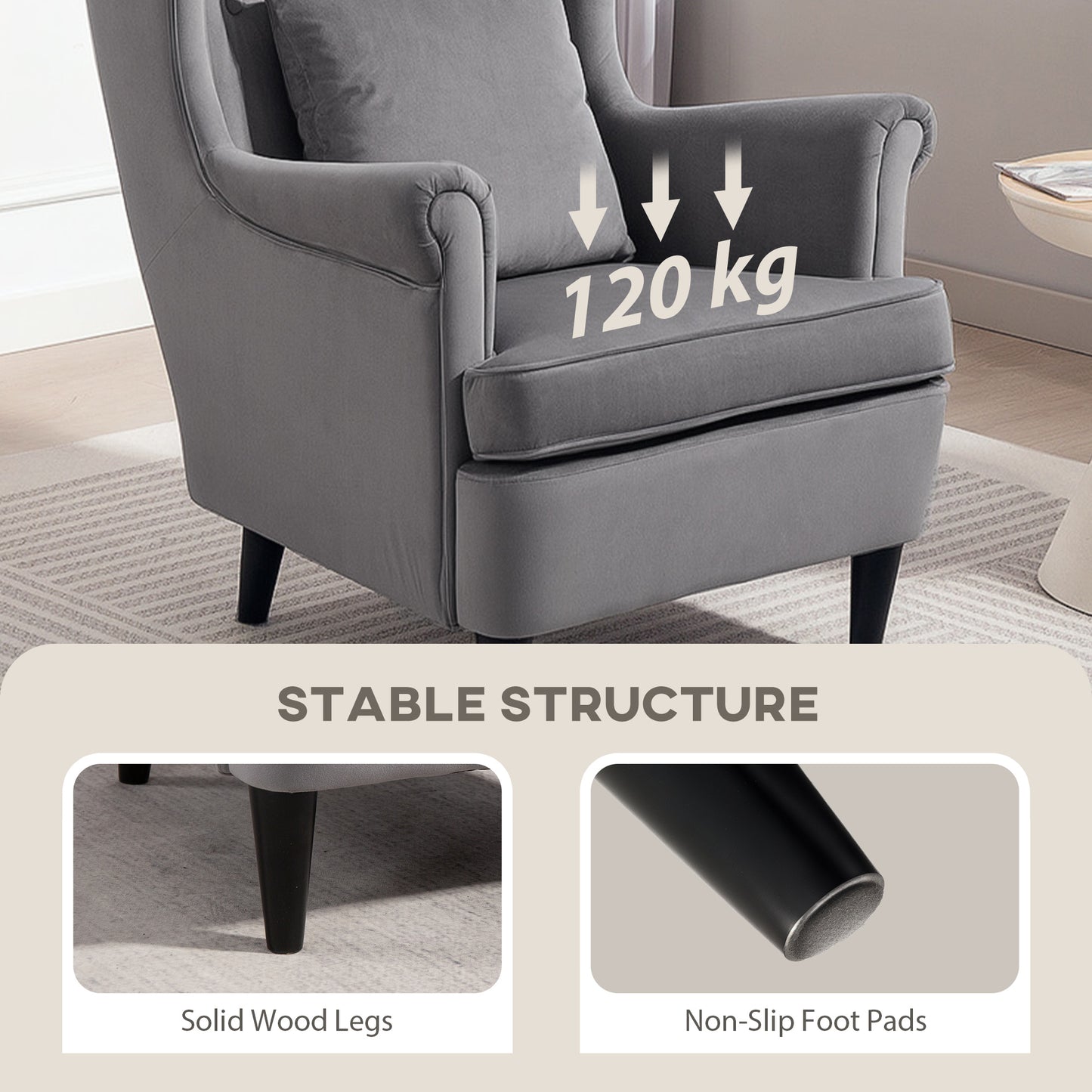 Modern Accent Chair with High Backrest and Pillow, Velvet-Feel Fabric Reading Chair with Solid Wood Legs, Grey
