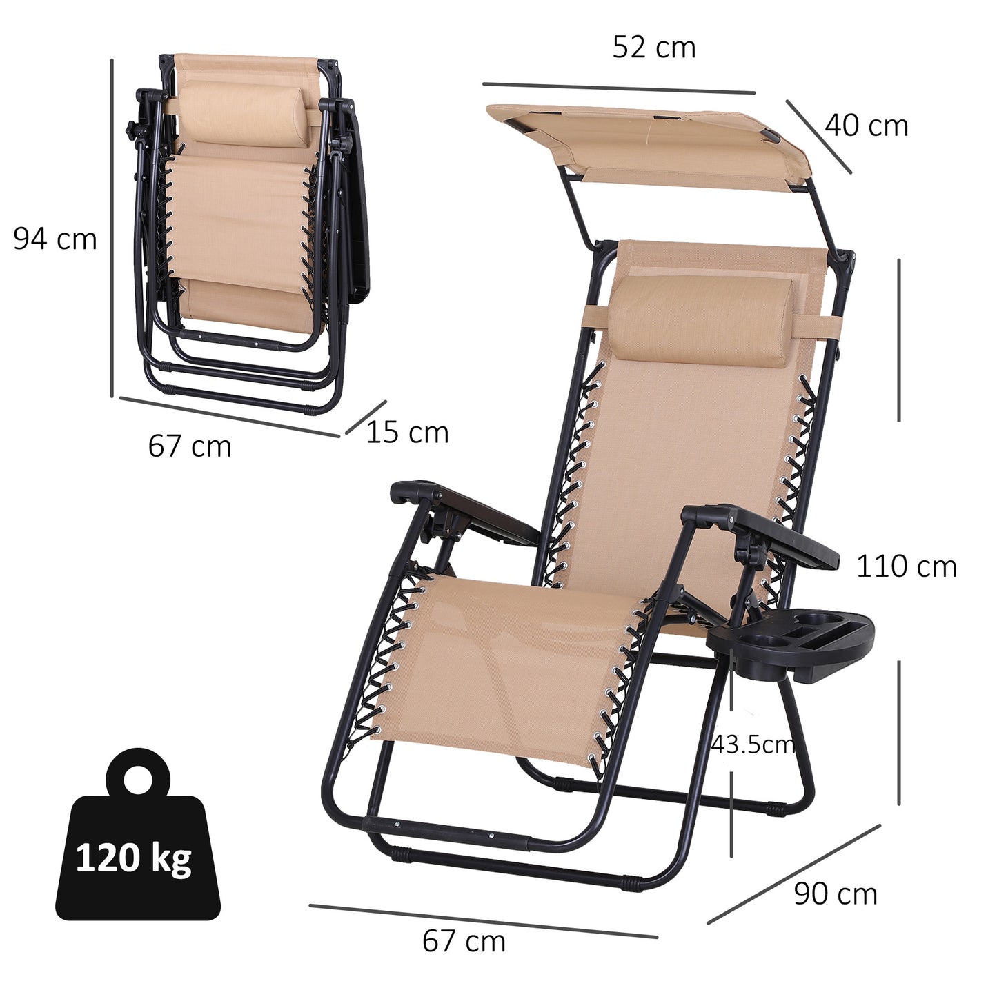 Foldable Reclining Garden Chair with Headrest, Zero Gravity Deck Sun Lounger Seat Chair with Footrest, Armrest
