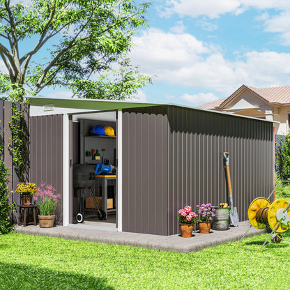 11.3 x 9.2ft Lean to Metal Garden Shed, Waterproof Outdoor Tool & Bike Storage Shed Galvanised with Lockable Double Sliding D