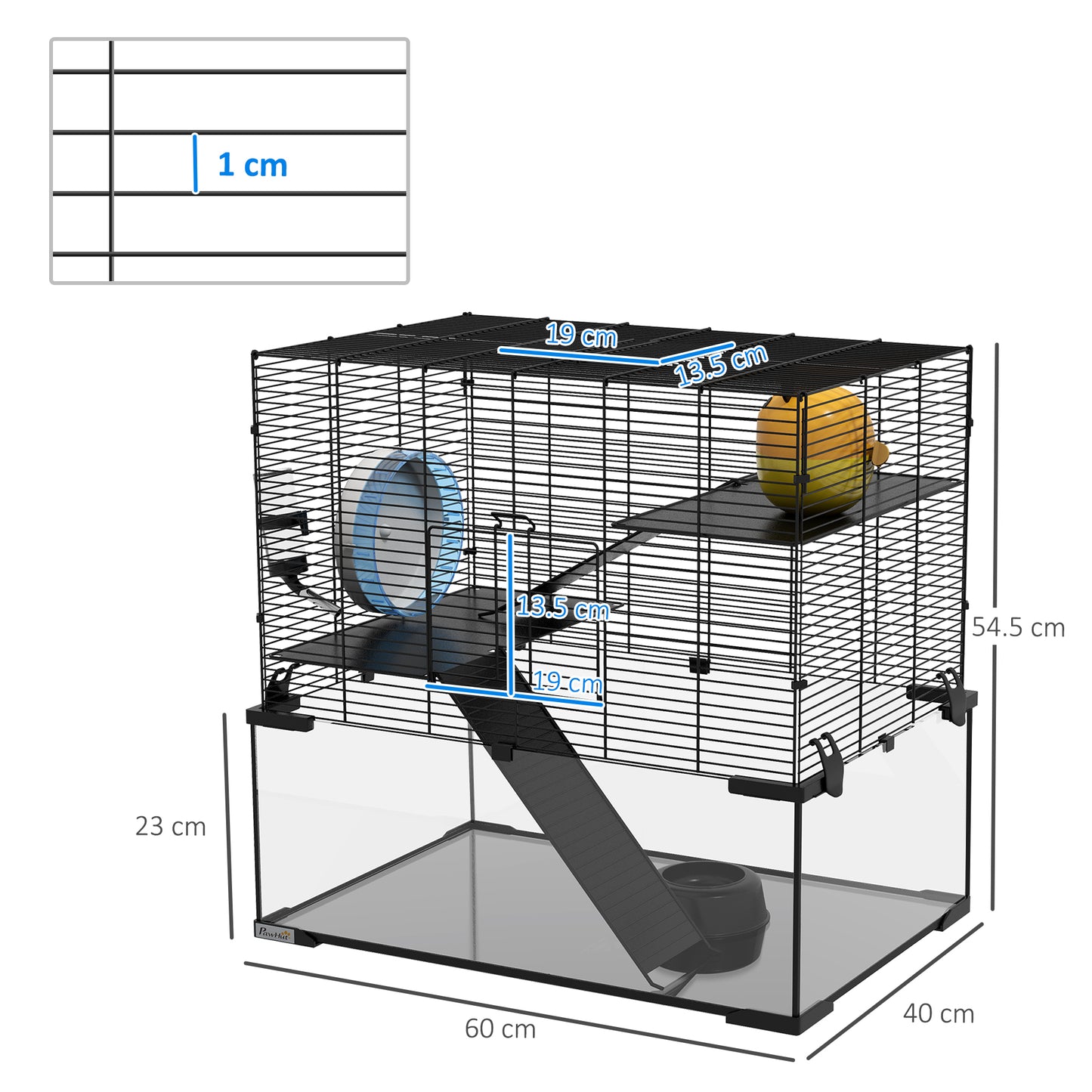 3 Tiers Hamster Cage, Gerbil Cage with Deep Glass Bottom, Non-Slip Ramps, Platforms, Hut, Exercise Wheels, Water Bottle