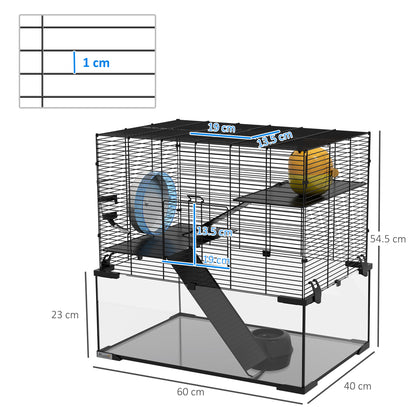 3 Tiers Hamster Cage, Gerbil Cage with Deep Glass Bottom, Non-Slip Ramps, Platforms, Hut, Exercise Wheels, Water Bottle