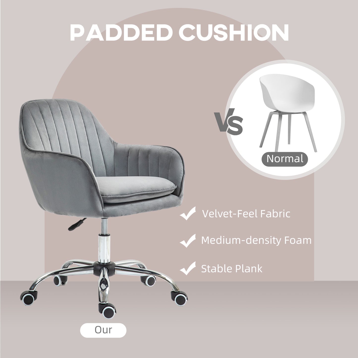 Office Chair, Swivel Desk Chair, Velvet-Feel Fabric Vanity Chair with Adjustable Height and Rolling Wheels for Home Work Stud