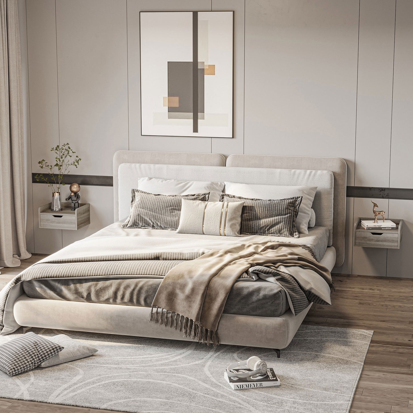Floating Nightstands Set of 2, Wall Mounted Bedside Table with Drawer for Bedroom, Grey