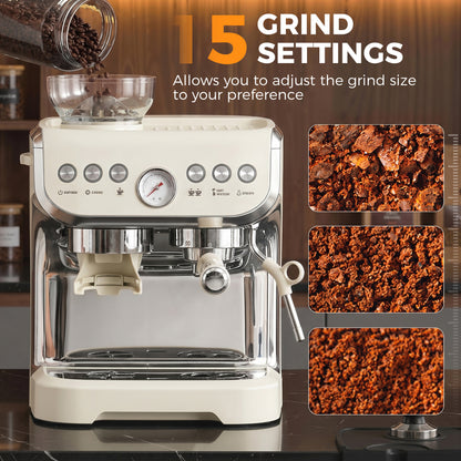 15 Bar Coffee Machine, with Adjustable Grind, Steamer and Accessories - Cream White