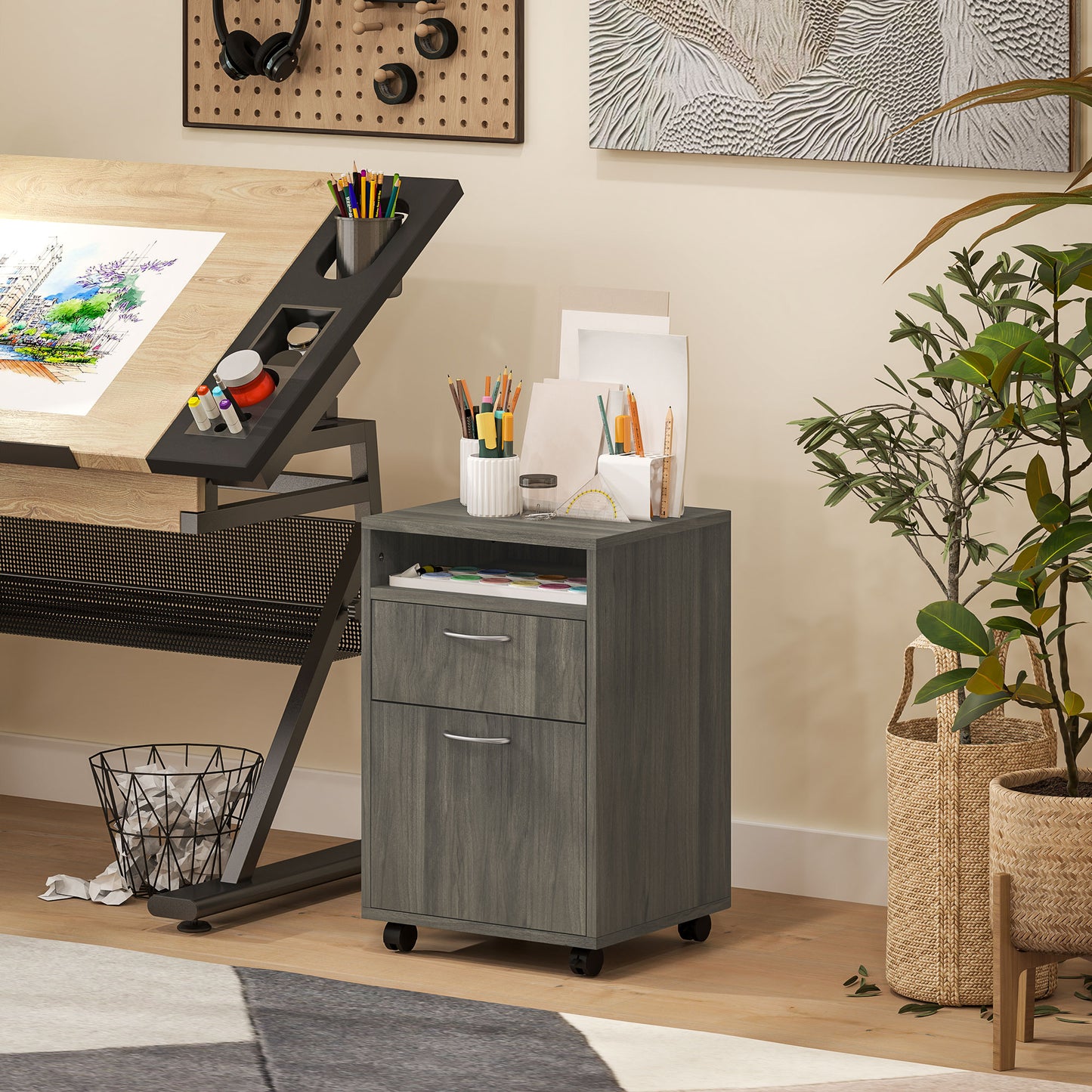 Filing Cabinet, Mobile File Cabinet with 2 Drawers, Office Home Organiser on Wheels for A4, Letter-Size File Folders