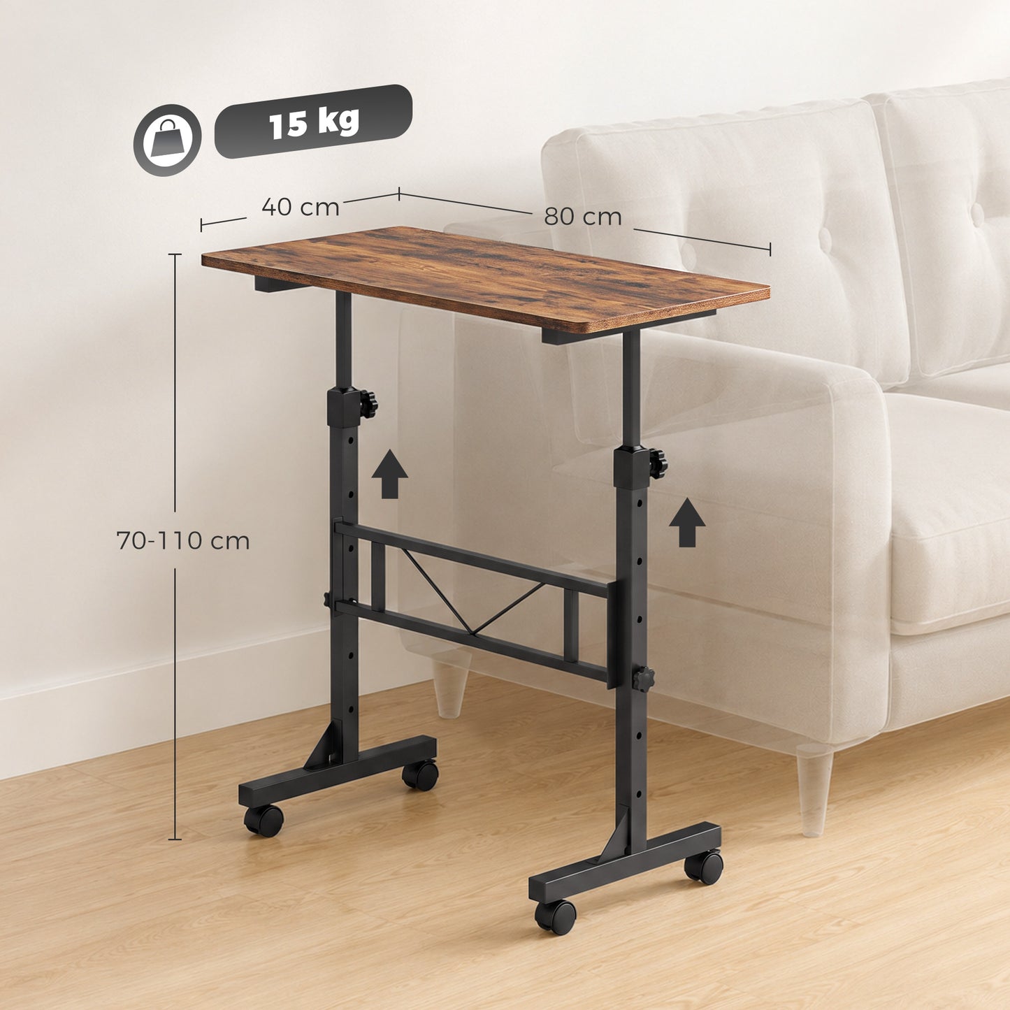 Overbed Table Adjustable Height Sofa Side Table with Wheels 80 x 40 cm Rustic Brown Black