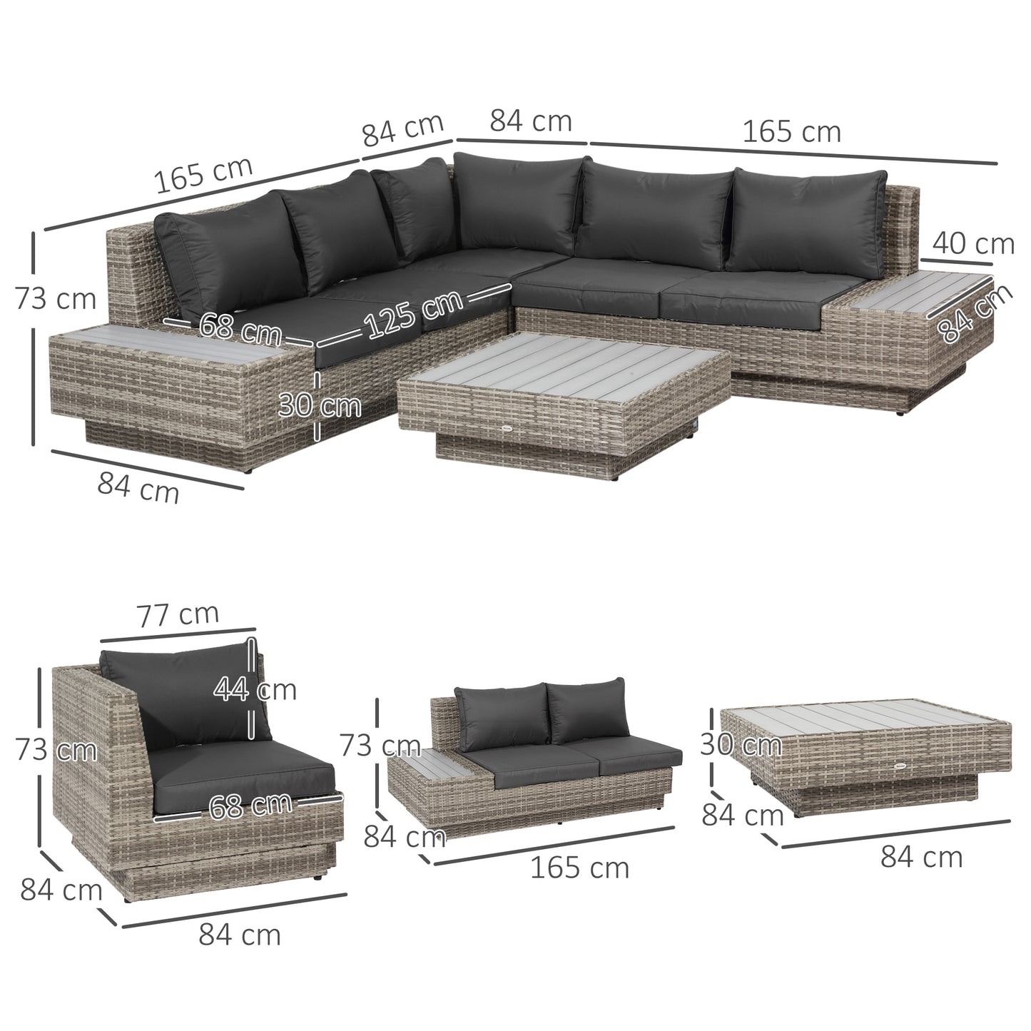 4 PCs Rattan Garden Furniture Outdoor Sectional Corner Sofa and Coffee Table Set Conservatory Wicker Weave Furniture with Arm