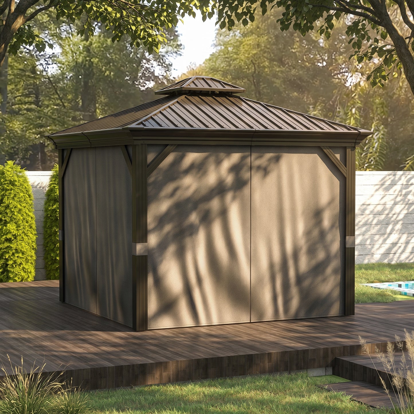 3.65 x 3m Aluminium Hardtop Gazebo, with Accessories - Dark Grey