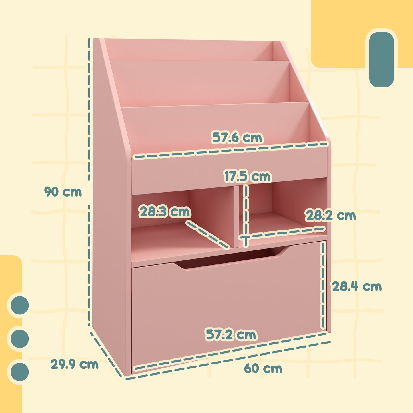 Kids Bookshelf, Toy Organiser, with Storage Drawer, Wheels - Pink