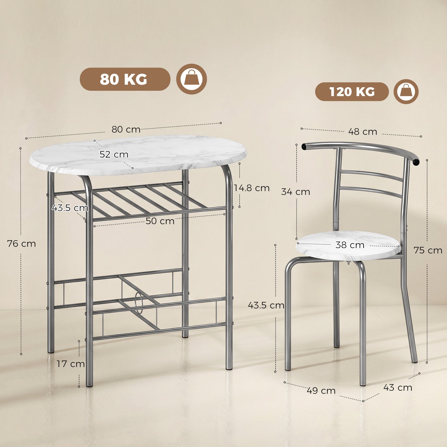 Three-Piece Compact Dining Set - White Marble Effect