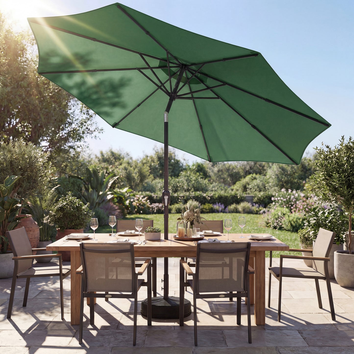 2.7 m Garden Parasol Umbrella with Cross Base and Sandbag, Retractable Ribs, Outdoor Table Market Umbrella, Green