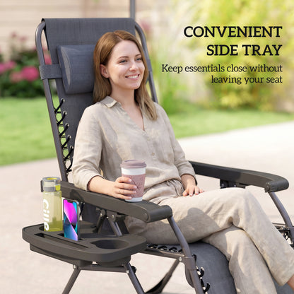 Zero Gravity Chairs Set of 2, Folding Sunloungers Reclining Garden Chairs with Cup Holder, Headrest, Dark Grey