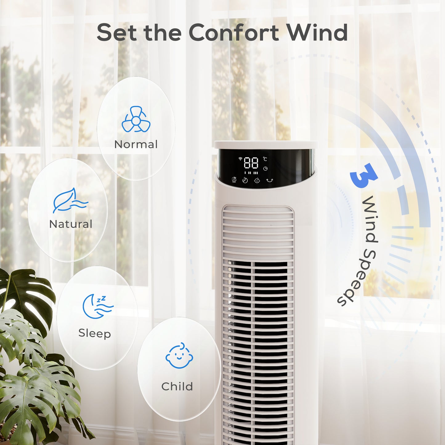 Tower Fan with WiFi Control Standing Floor Fan with Remote Control 116 cm White