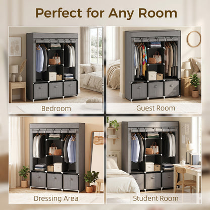 Foldable Fabric Wardrobe for Bedroom, Portable Wardrobe with 5 Shelves, 2 Hanging Rails and 3 Fabric Drawers, Dark Grey
