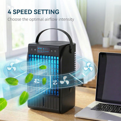 Portable Air Conditioner, 4-in-1 Mini Air Cooler with 4 Wind Speed, 2 Cool Mist, RGB 7 LED Light, Black