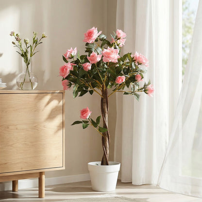 Artificial Plants Pink Rose Floral in Pot, Fake Plants for Home Indoor Decor, 90cm