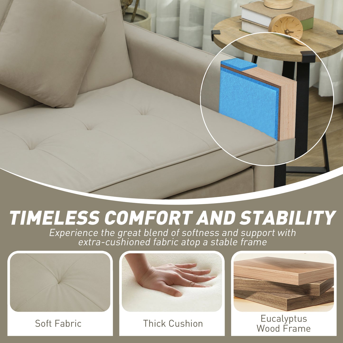 3 Seater Velvet Sofa Bed, Convertible Pull-Out Sofa Bed with Adjustable Backrest, Space Saving Living Room Sofa, Beige