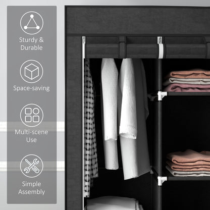 Fabric Wardrobe, with Rails and Shelves - Black