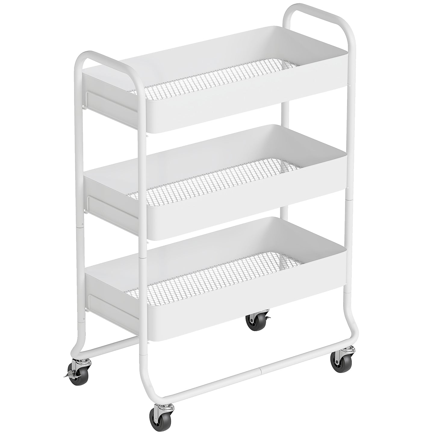 3-Tier Storage Trolley on Wheels, Rolling Utility Cart with Mesh Backets for Kitchen, Bathroom, Bedroom, White