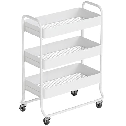 3-Tier Storage Trolley on Wheels, Rolling Utility Cart with Mesh Backets for Kitchen, Bathroom, Bedroom, White