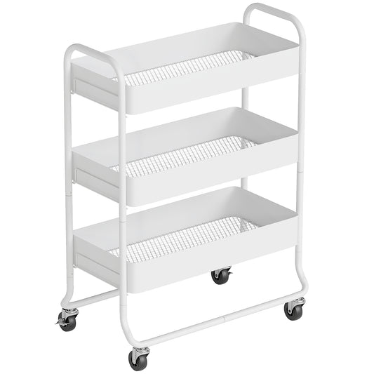 3-Tier Storage Trolley on Wheels, Rolling Utility Cart with Mesh Backets for Kitchen, Bathroom, Bedroom, White