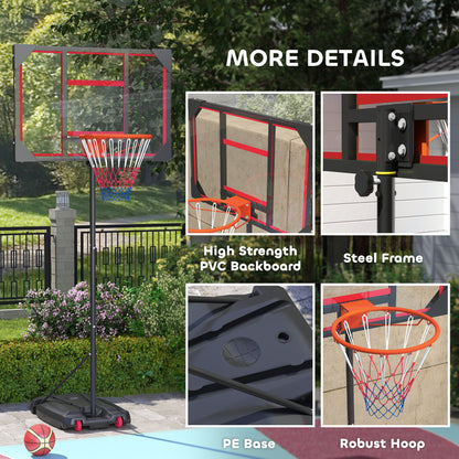 Basketball Hoop Outdoor Indoor, 210-260cm Height Adjustable Basketball Hoop with Wheels, Larger Base, for 6+ Years, Red