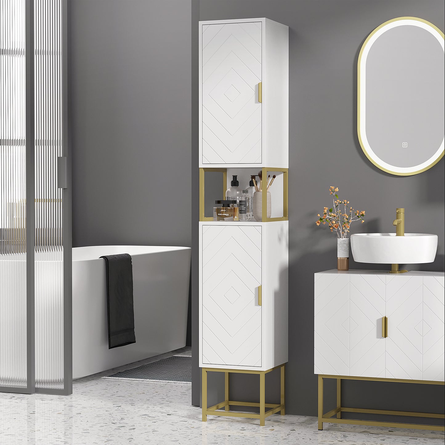 Narrow Bathroom Storage Cabinet, Freestanding Tallboy Storage Unit with Adjustable Shelf, 2 Doors and Steel Base