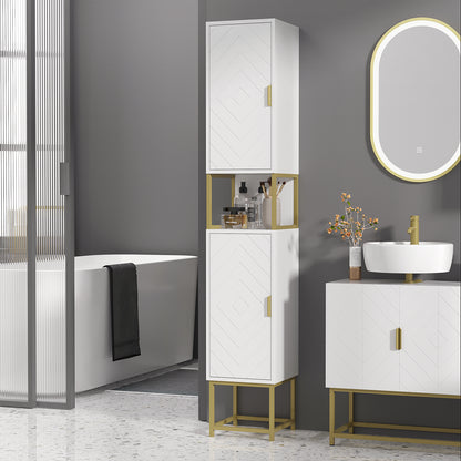 Narrow Bathroom Storage Cabinet, Freestanding Tallboy Storage Unit with Adjustable Shelf, 2 Doors and Steel Base