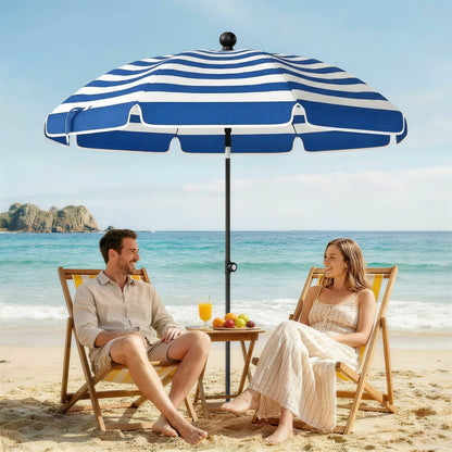 1.8 m Beach Umbrella Parasol with Sand Anchor, Portable 30° Tilting Patio Sun Shade with Adjustable Height, Blue/White
