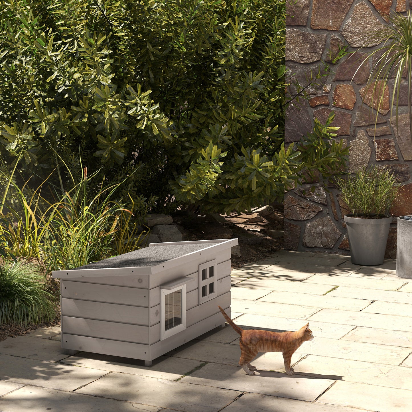 Wooden Outdoor Cat House, Elevated Cat Shelter Kennel, Pet Play House with Openable Top, Asphalt Roof, Window, Grey