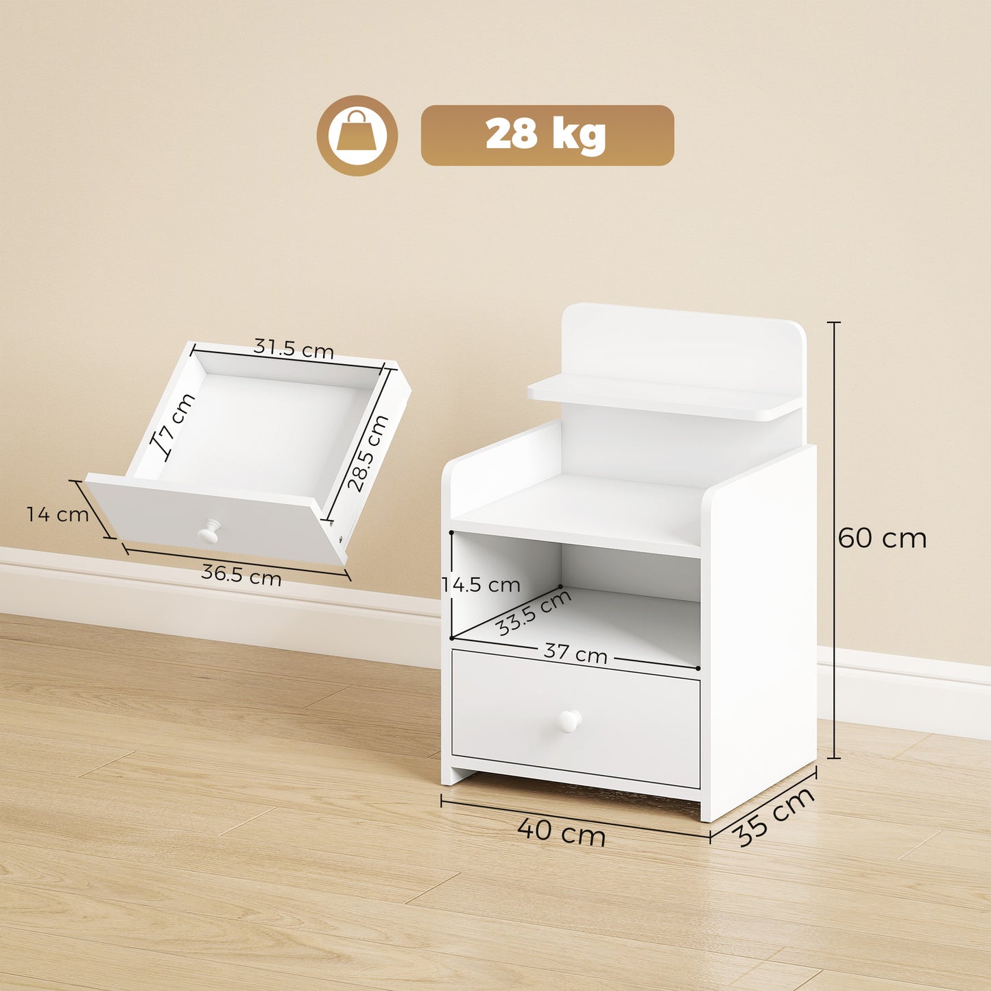 Bedside Cabinet, Bedside Table with Drawer and Shelf for Living Room, White