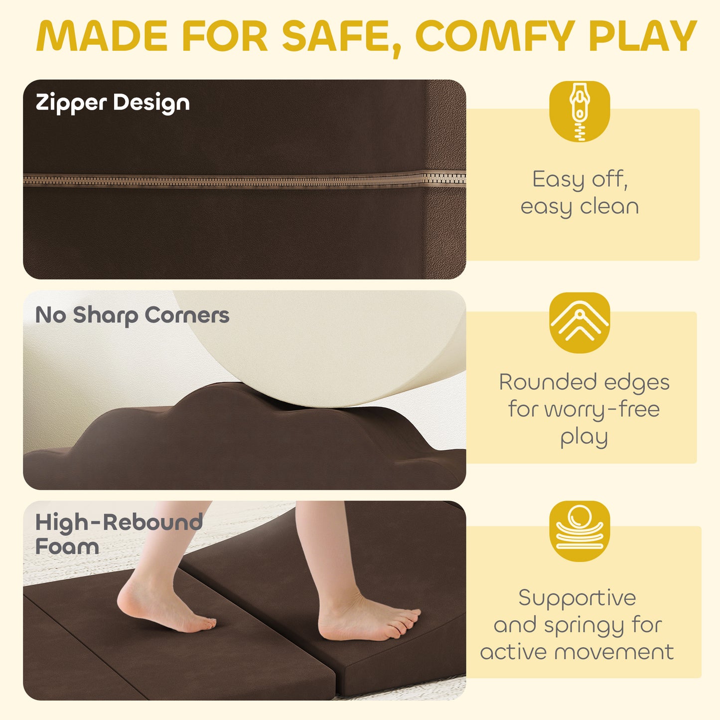 7 Piece Kids Soft Play Set with Detachable Cover, Baby Indoor Climb and Crawl Foam Toy for Toddlers, Brown