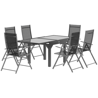 7 Piece Outdoor Dining Set with Extendable Table and 6 Folding Chairs for Patio, Balcony, Deck, Grey