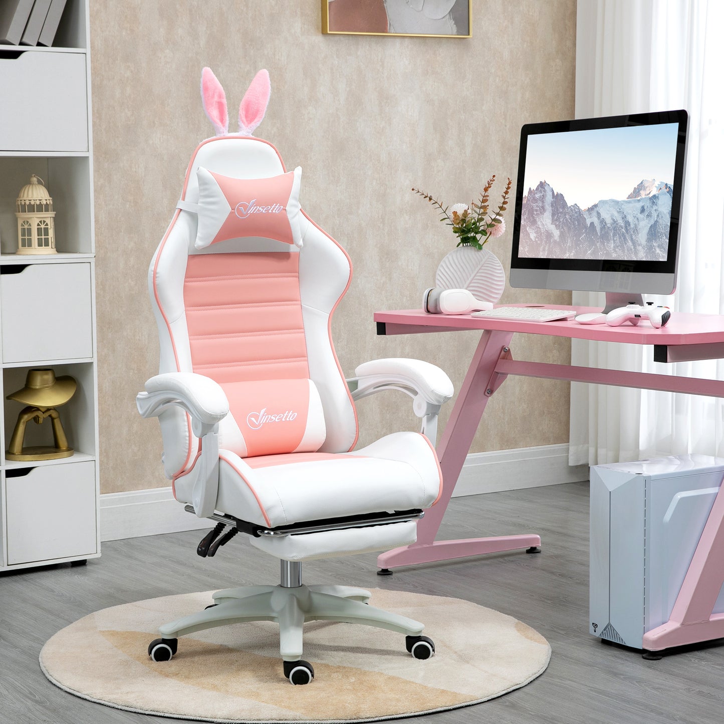 Racing Gaming Chair, Reclining PU Leather Computer Chair with Removable Rabbit Ears, Footrest, Headrest and Lumber Support