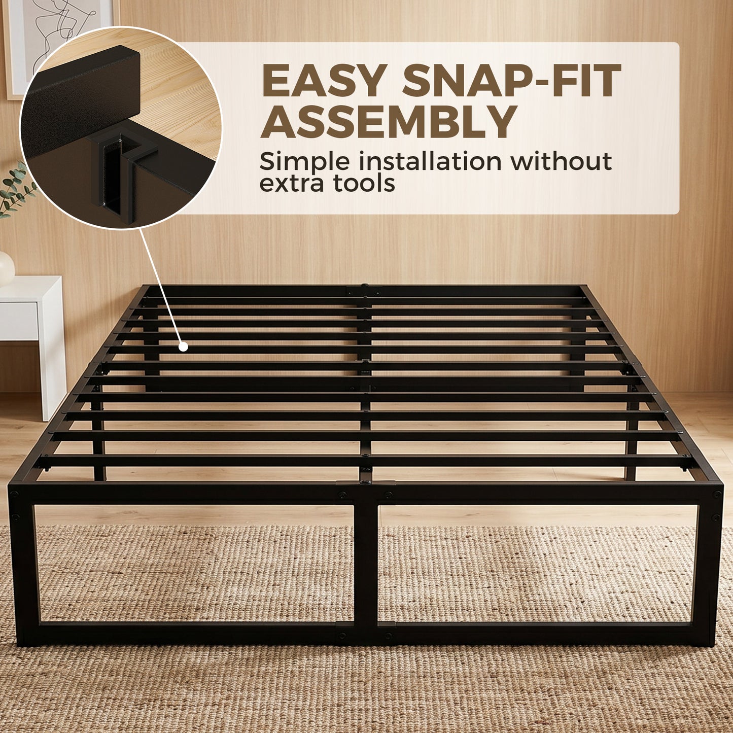 4ft6 Double Bed Frame with Underbed Storage and Steel Slat Support, 32.5 cm Height, Noise-Free, Black
