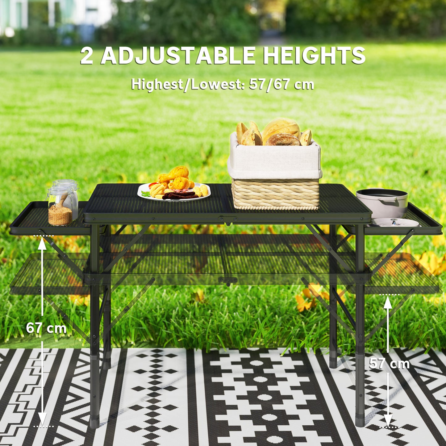 Folding Grill Table, 4.5ft Portable Camping Table with 2 Wing Panels, Height Adjustable Metal Picnic Table for Camping